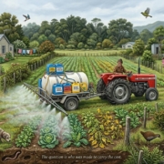 Illustration of tractor spraying pesticides in a paddock, with people, animals, bush, stream and wildlife next to it