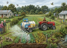 Illustration of tractor spraying pesticides in a paddock, with people, animals, bush, stream and wildlife next to it