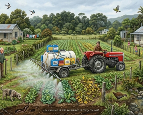 Illustration of tractor spraying pesticides in a paddock, with people, animals, bush, stream and wildlife next to it