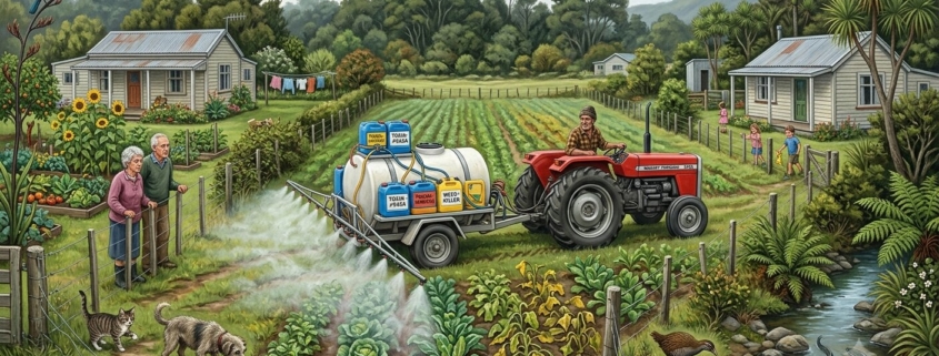Illustration of tractor spraying pesticides in a paddock, with people, animals, bush, stream and wildlife next to it
