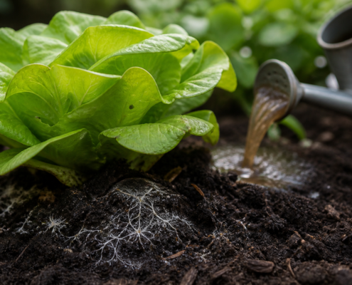 Butterhead lettuce growing in rich living soil
