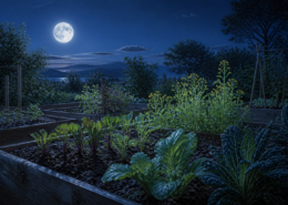 Vegetable seedlings in a night garden lit by a full moon