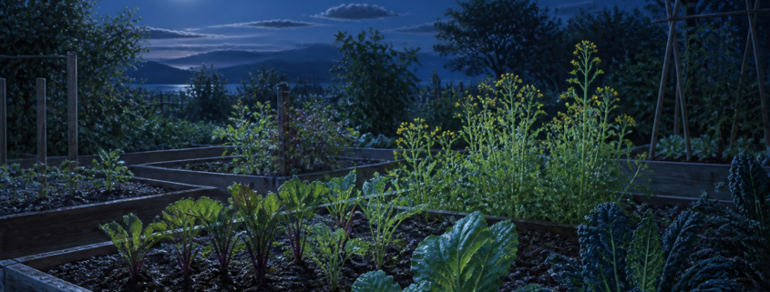 Vegetable seedlings in a night garden lit by a full moon